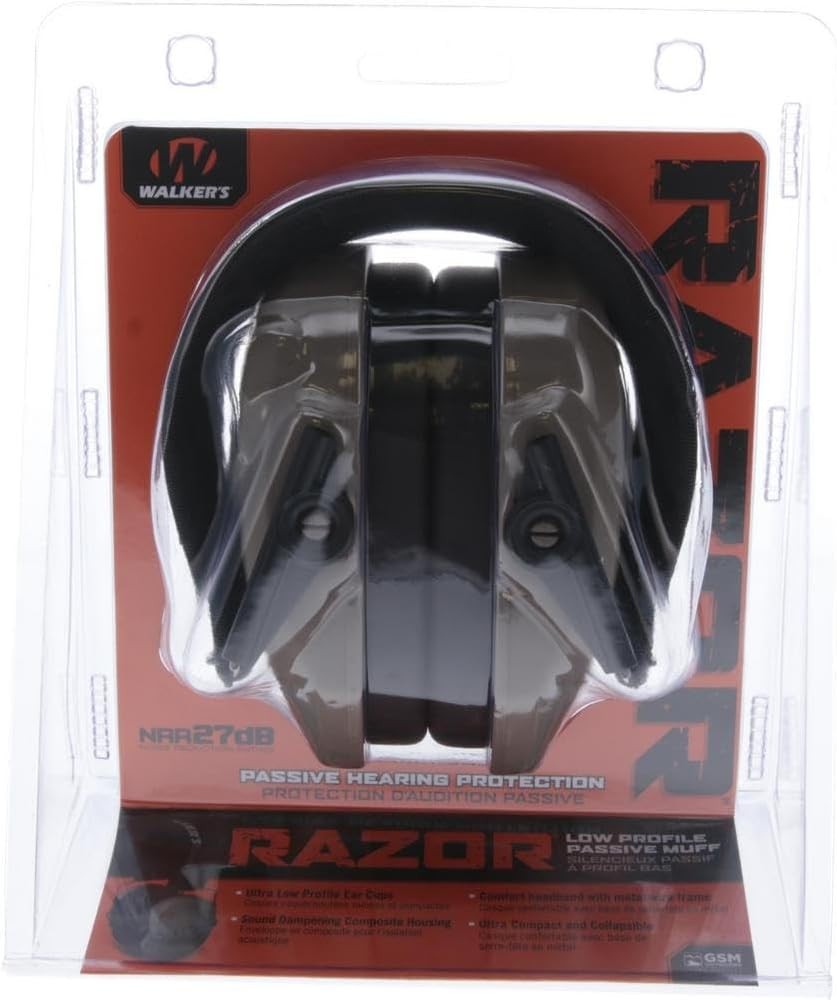 Walker's Razor Slim Passive Earmuffs Compact Design 27dB Hearing Protection