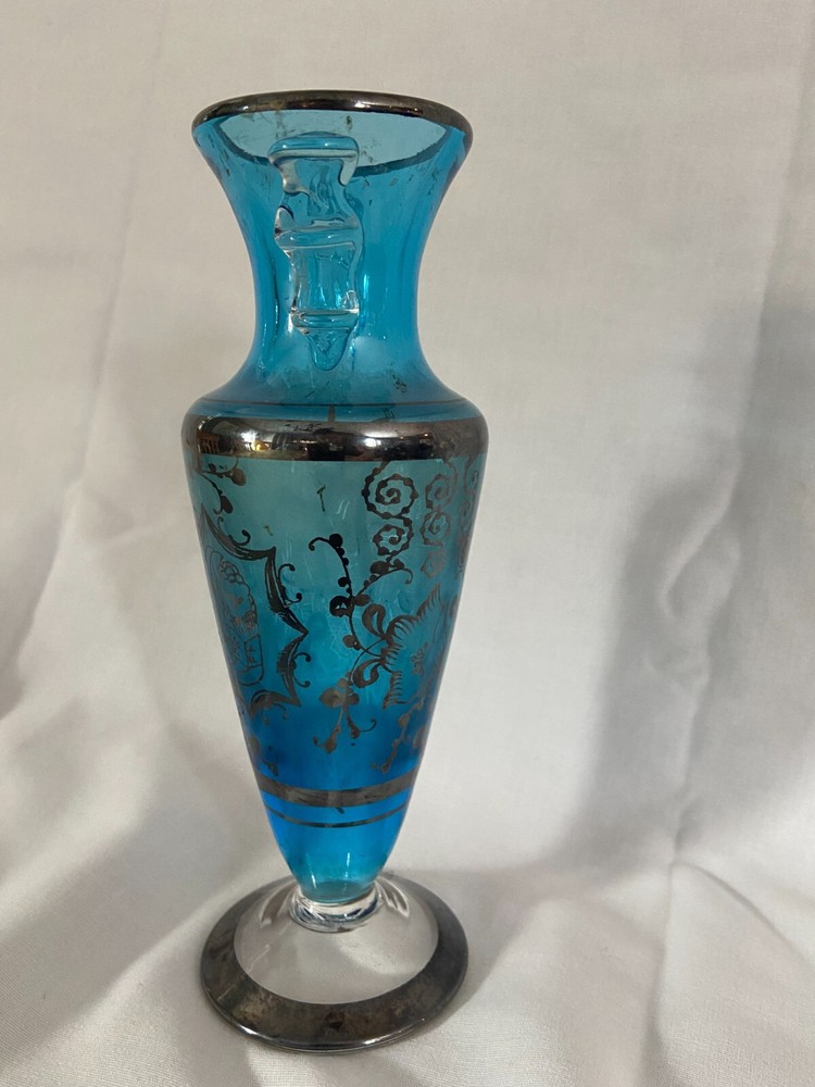 Vintage Blue Glass Vase with Applied Silver
