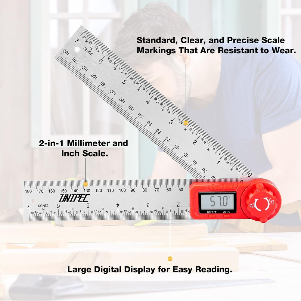 UNIPEC Digital Angle Finder Protractor, Ruler,Stainless Silver