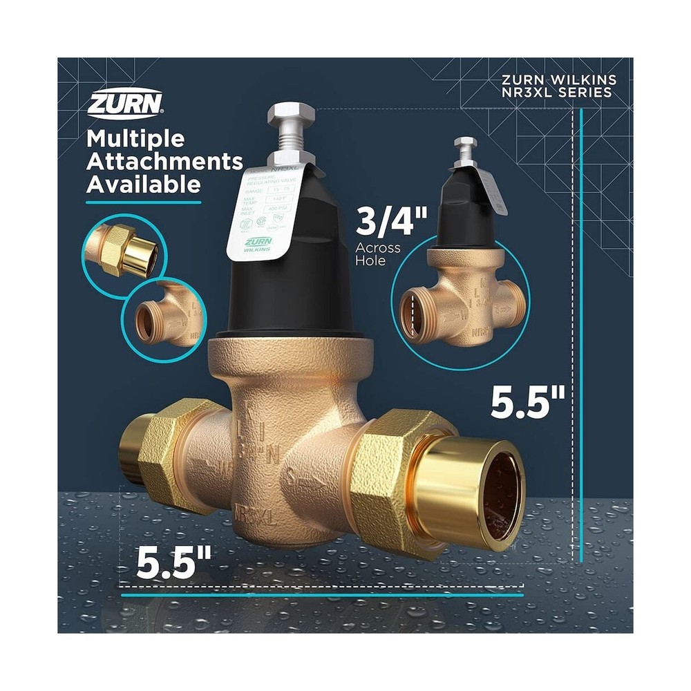 Zurn Wilkins 3/4" NR3XL Pressure Reducing Valve with double union FNPT connec...