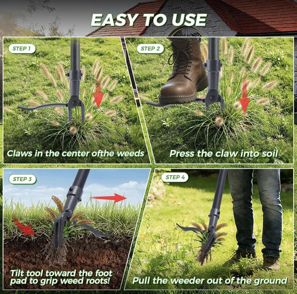 Weed Puller Stand Up Weed Puller Tool with Steel Long Handle & 4 Claw Steel Head
