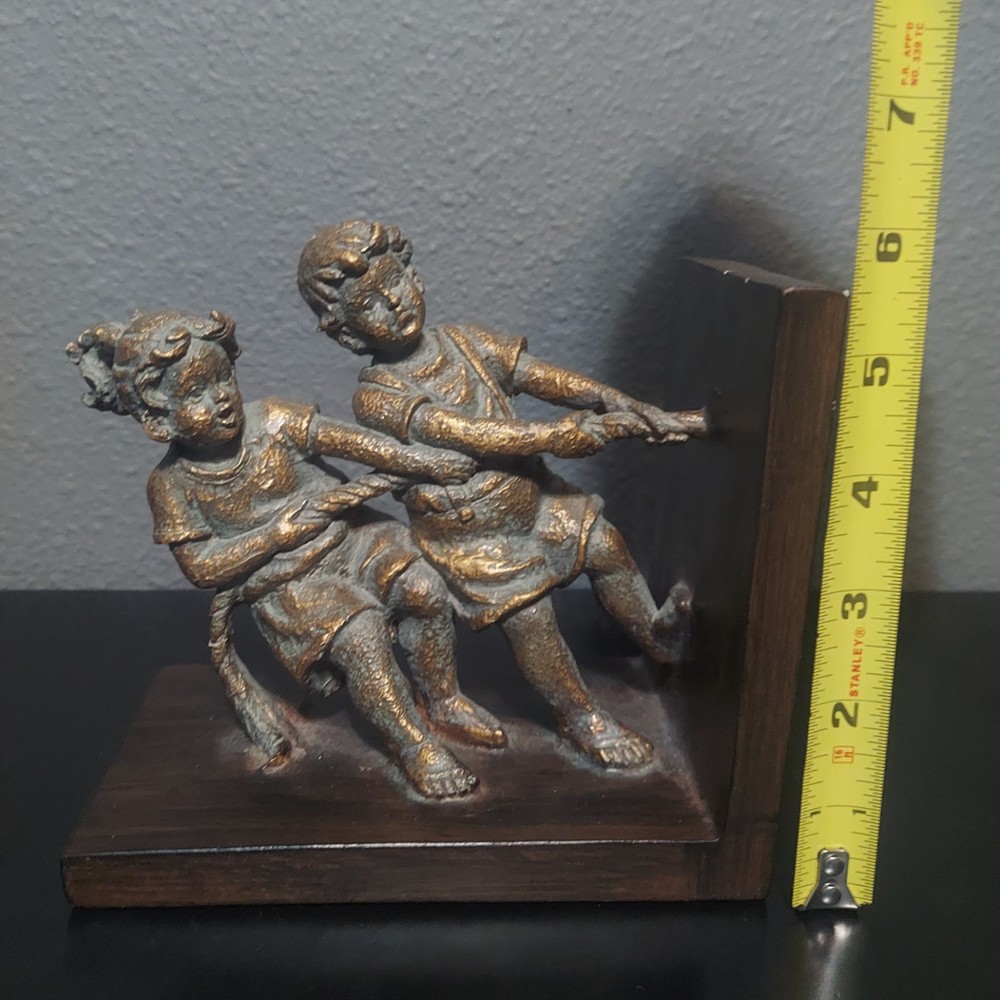 Vintage Bronze Toned Bookend Children Pulling Rope