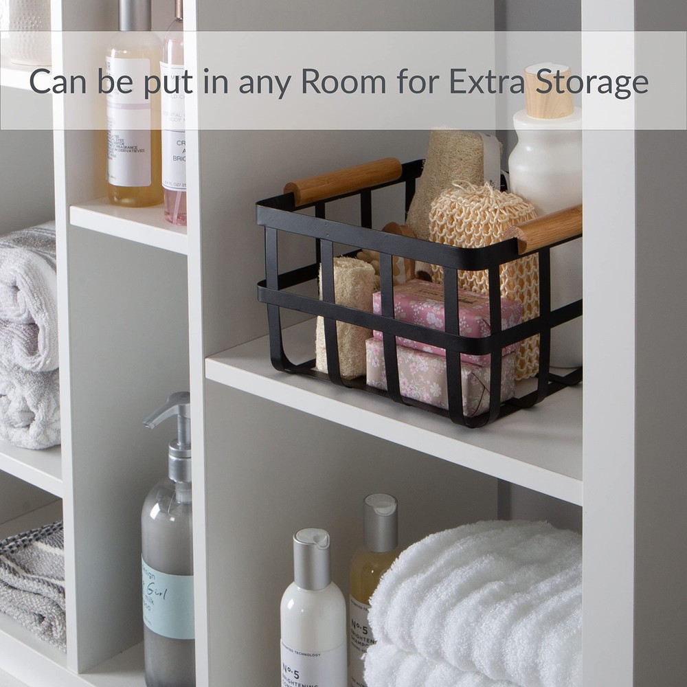 Simplify Square Metal Storage Basket with Bamboo Handles | Medium, Black