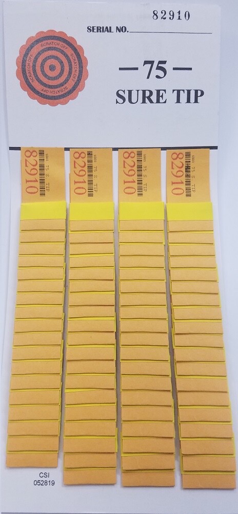 "ONE" #75 Sure Tip Board (1-75)  Pull Tabs/Jar Tickets Free Shipping