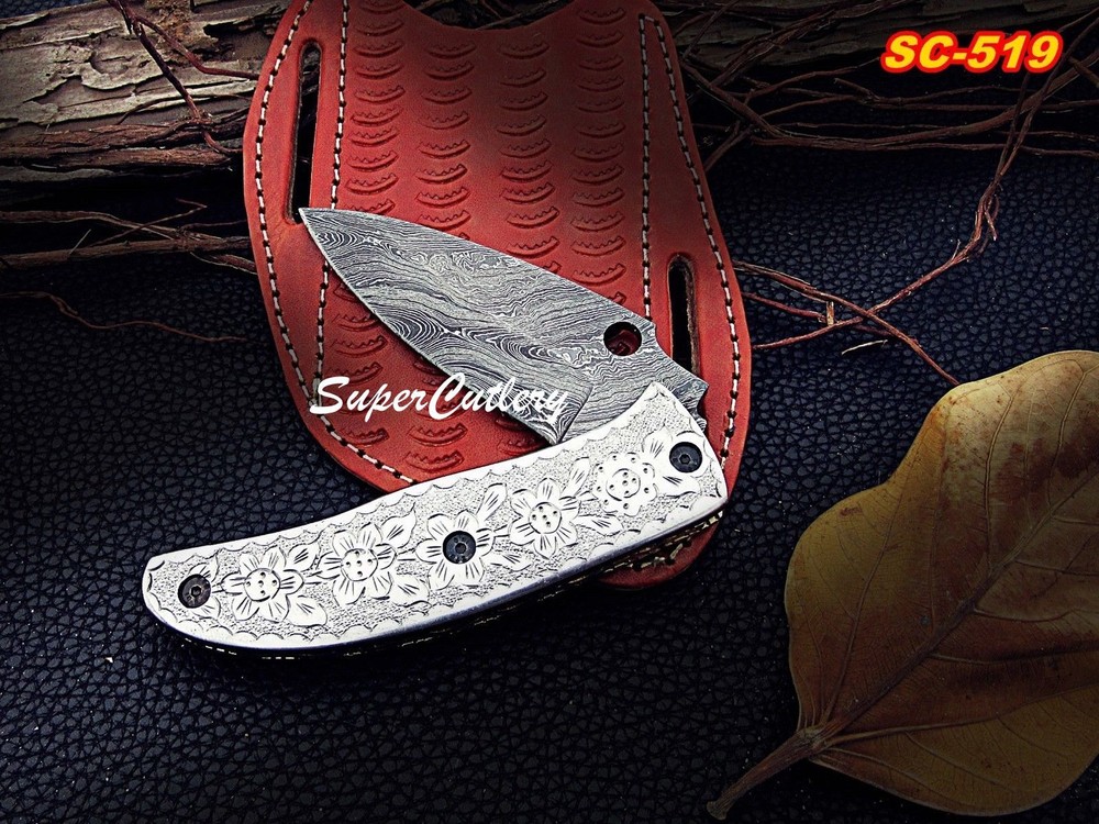 CUSTOM HAND CRAFTED FULLY ENGRAVED DAMASCUS STEEL POCKET FOLDING KNIFE- SILVER