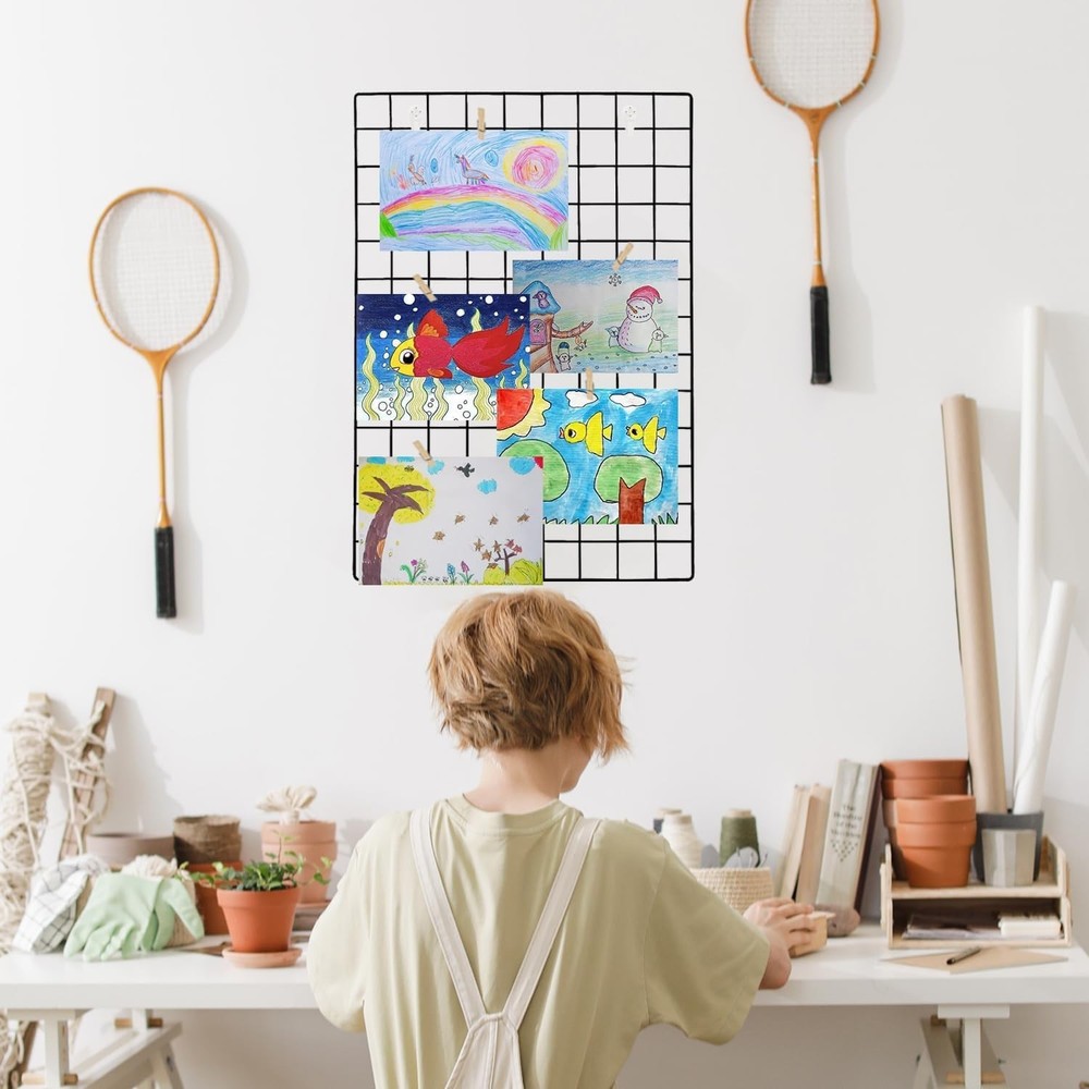 2 Pack Black Wire Grid Panels with Colorful Clips - Fun Photo Display Solution