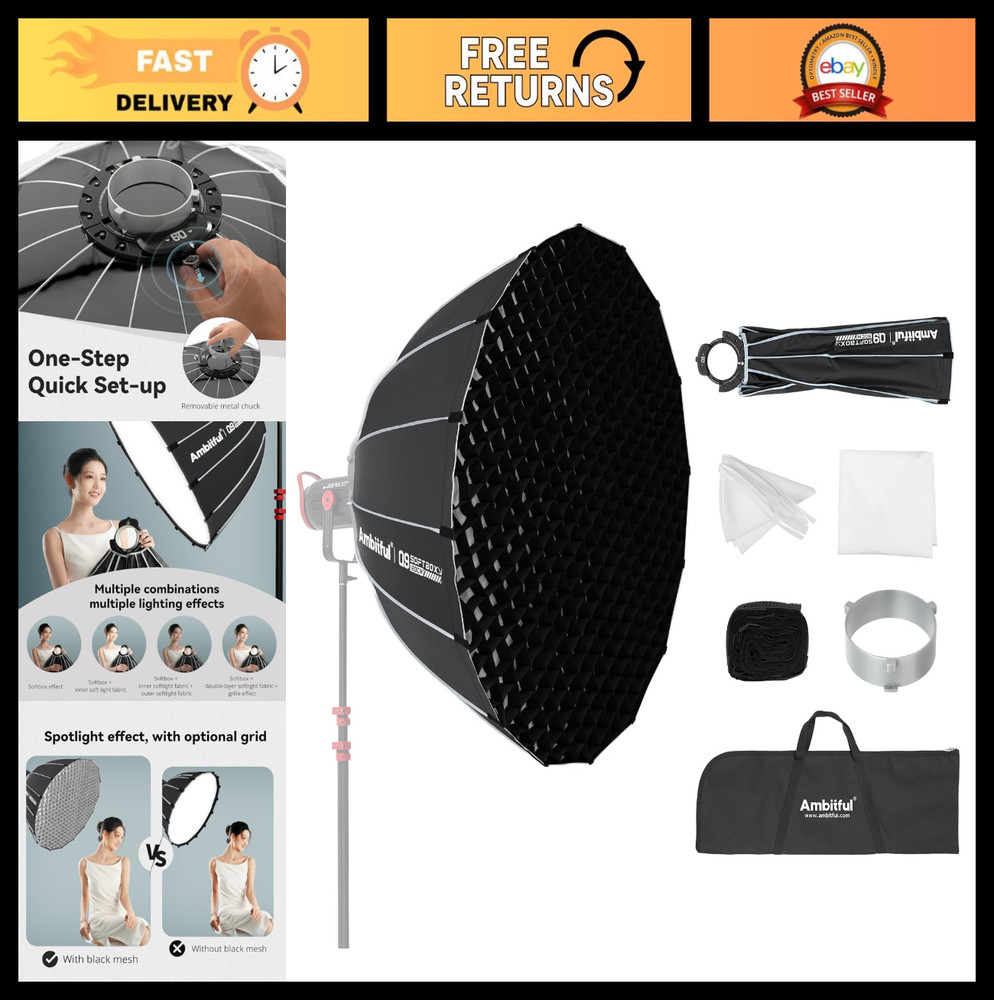 35.4" Quick Release Parabolic Softbox with 2 Diffusers & Honeycomb Grid, Carry B
