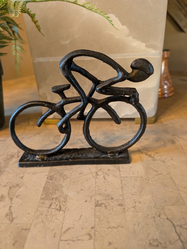 Cast Iron Bicycle Cyclist Rustic Primitive Black Sculpture Racing Figurine