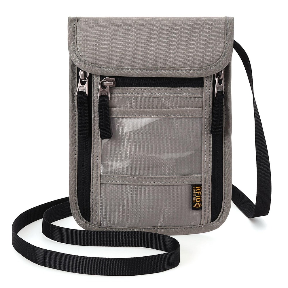 Passport Holder Neck Wallet RFID Blocking Light Gray