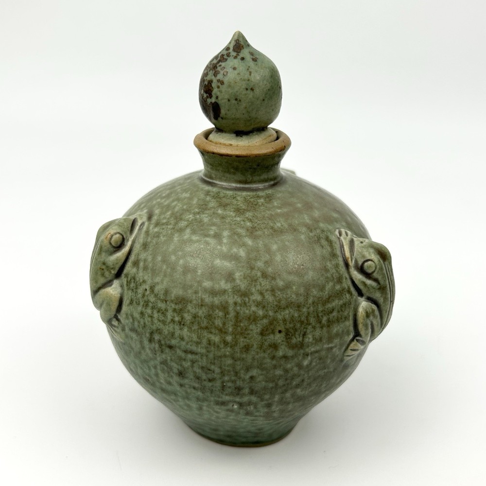 Small Celadon Green Studio Art Pottery Jar Tree Frogs Gorgeous