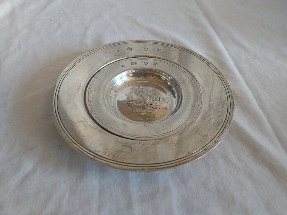Vintage Garrard Set Solid Silver Armada Dish Central Sailing Ship 273 gm.