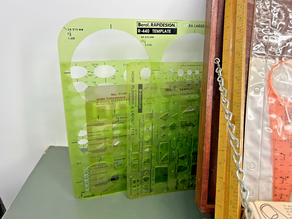 LARGE VINTAGE Tool Lot: Drafting Instruments, Precision Files, Templates & Case