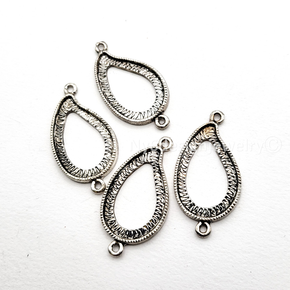 Antique Silver Plated Open Back Teardrop Cabochon Setting Connector • 36x19mm
