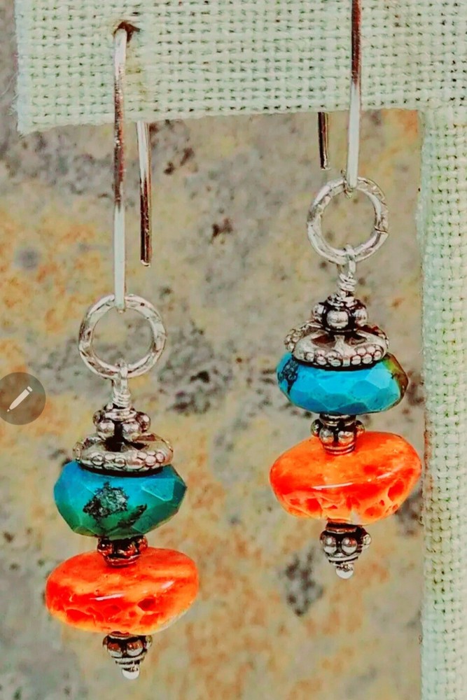 Orange Spiny Oyster & Crysocolla Sterling Artisan Earring