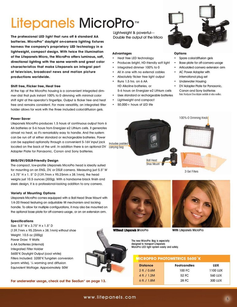 Litepanels MicroPro professional on-camera LED light 0-100% dimmable
