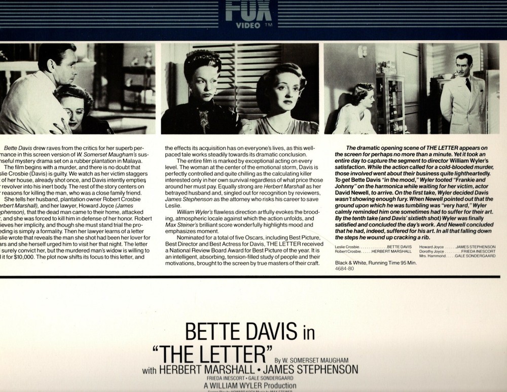 BETTE DAVIS "THE LETTER" LASERDISC 1987 cbs fox