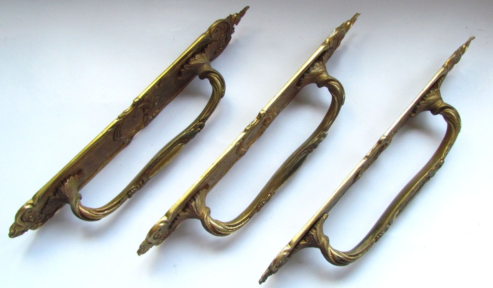 Antique Victorian Rococo Brass Door Pull Handles x 3
