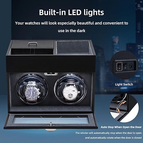 Automatic Double Watch Winder with Storage Box, Watch Winders for 2 Gray