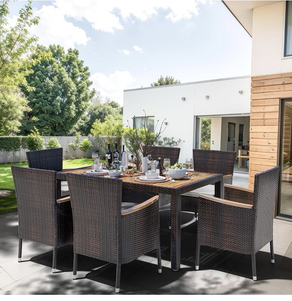 7 Piece Patio Dinning Set With Wooden Table Top