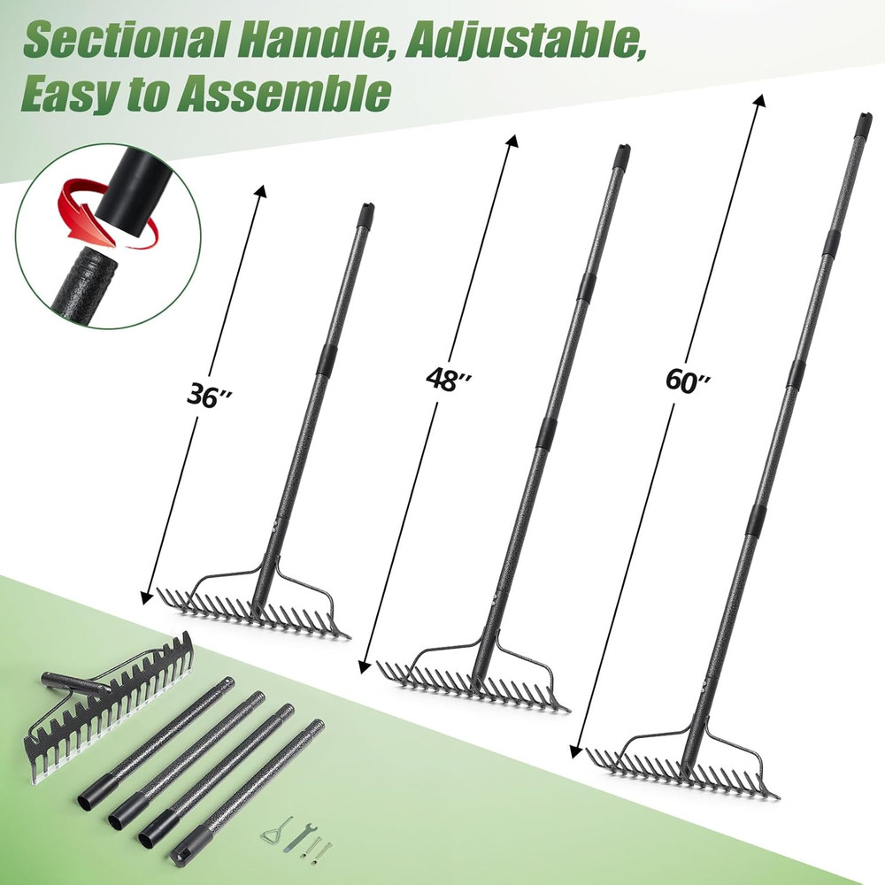 Garden Rake, 5FT Bow Rake Heavy Duty Leveling Rake with Adjustable Handle, 17 Ti