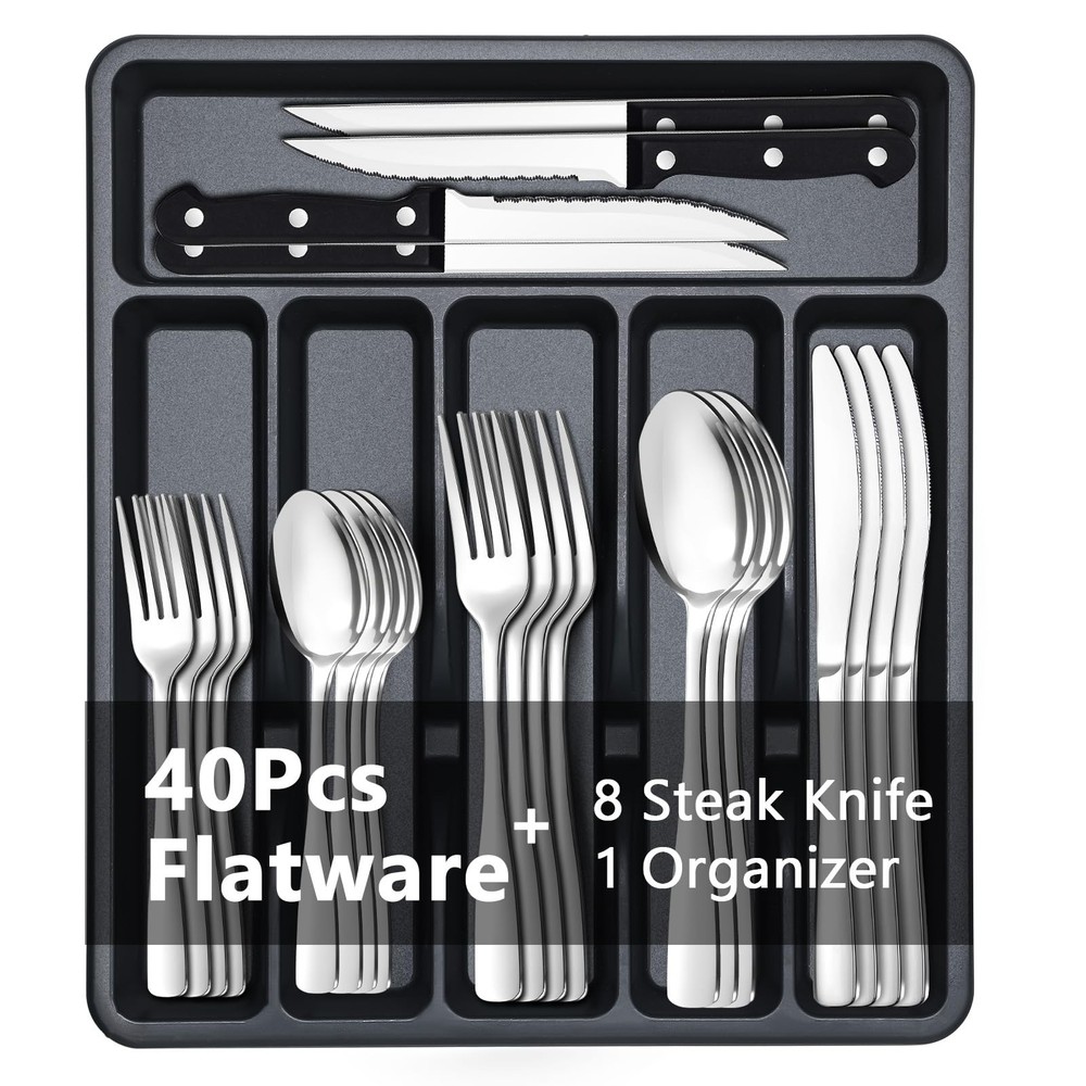 BEWOS 49-Piece Silverware Set with Organizer 49P Flatware Silver, Silver