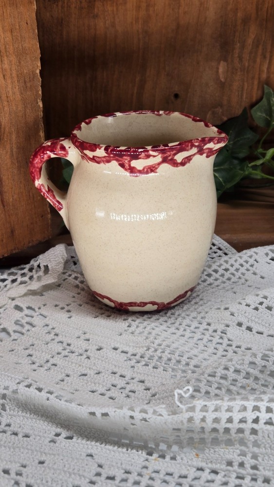 red spongeware pitcher w/ summer trees barn (26041) hand painted