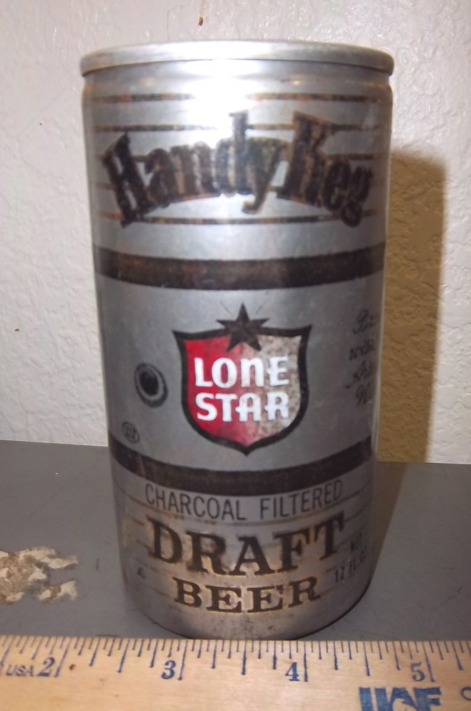 Lone Star Draft beer can, handy keg style, unusual bottom, great graphics