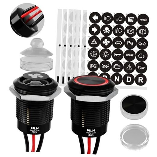 2-Pack 19mm LED Latching Push Button Switch, 12V-24V Black shell-Latching Red
