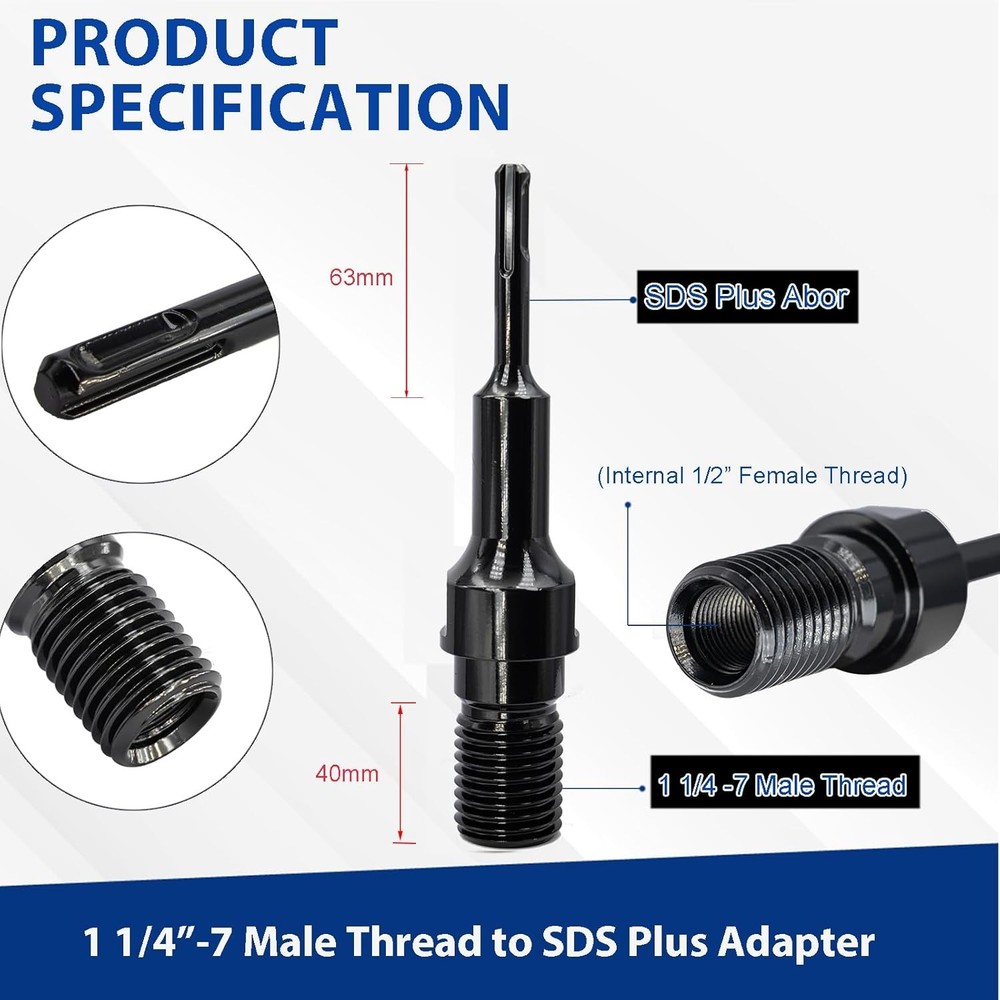 1-1/4"-7 Male Thread to SDS Plus Core Drill Bit Adapter, Premium Convenient C...