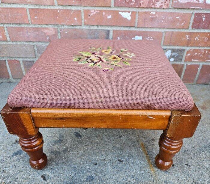 Vintage Footstool Solid Maple Needlepoint Upholstery