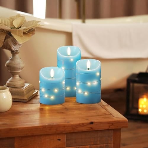 Flameless Candles with String Lights, 3 Pack Embedded Fairy String Lights Blue