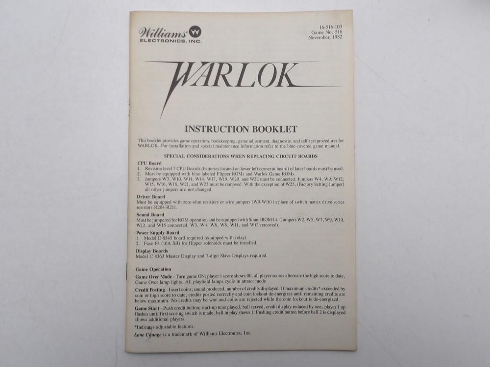 Williams: Warlok- Instruction Manual & Instruction Booklet Set