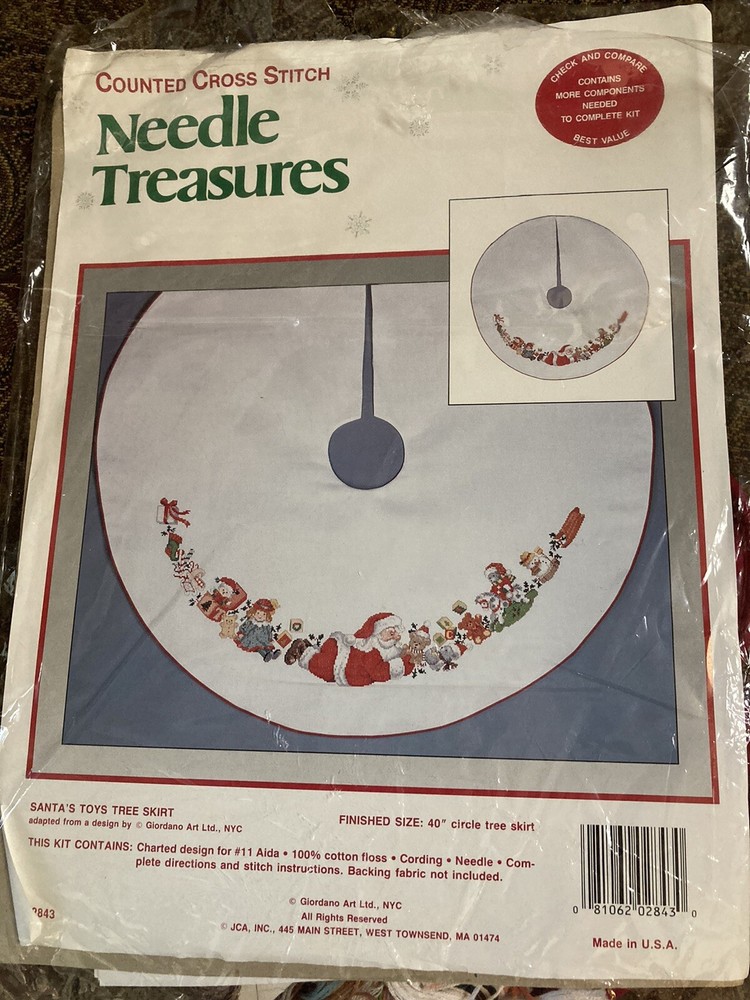 JCA Needle Treasures Santa's Tree Skirt ,Chart Directions, FLoss and Cording
