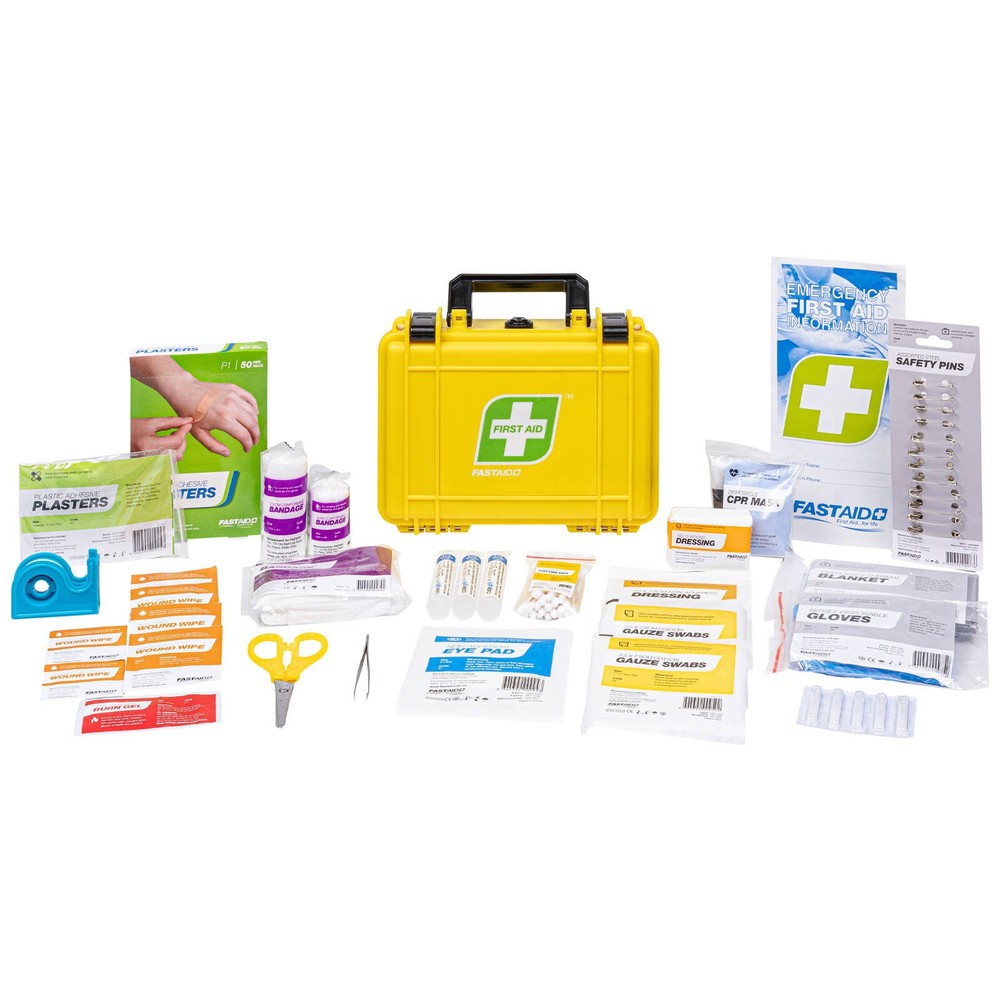 FastAid Essentials IP67 Waterproof First Aid Kit With Yellow Plastic Case