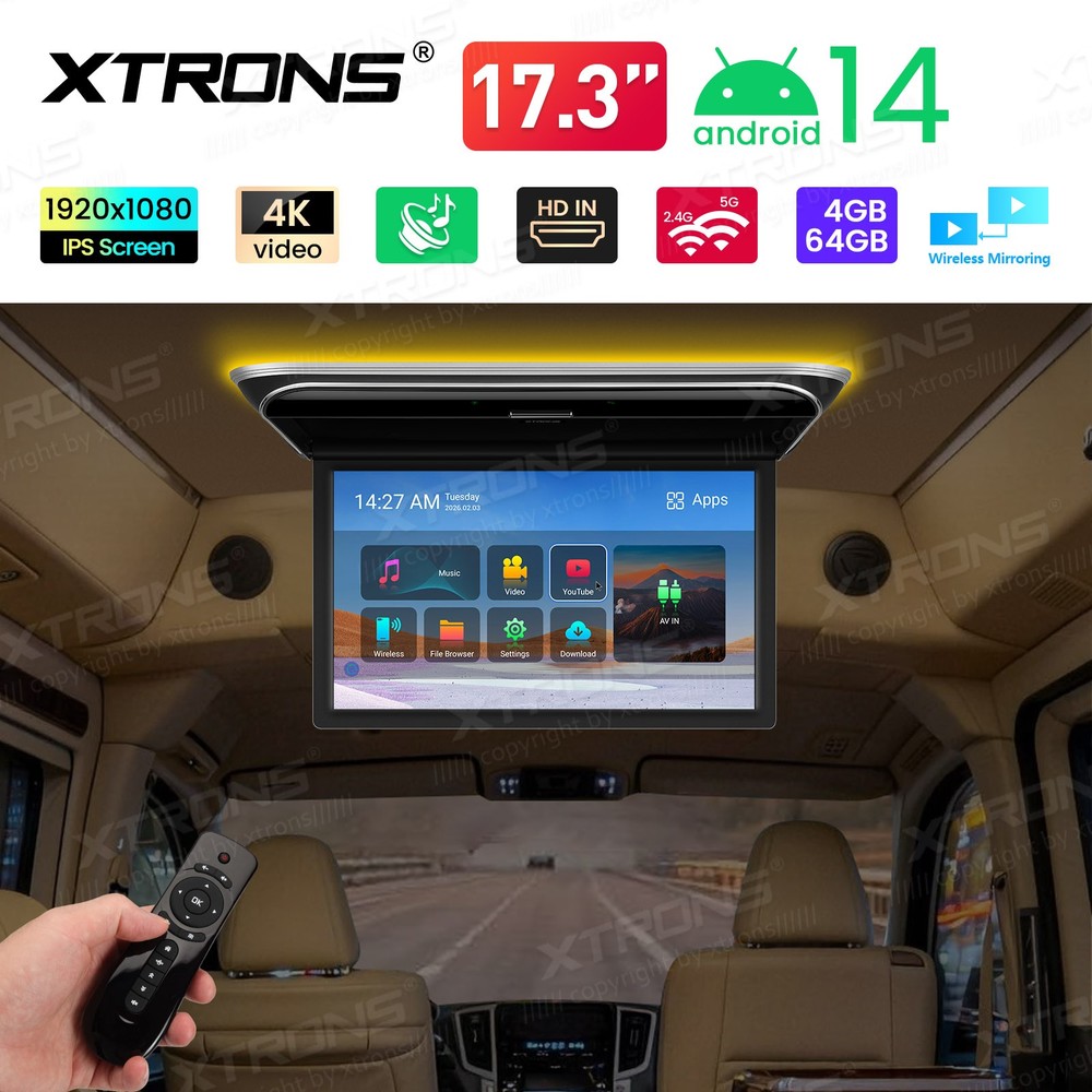 17.3" Car Ceiling Mount TV Android 14 Flip Down Screen 4K Octa Core HDMI WiFi