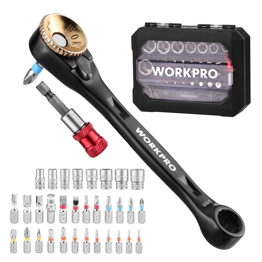 WORKPRO 34PC Offset Ratcheting Screwdriver Low Profile Ratchet Wrench Bit Socket