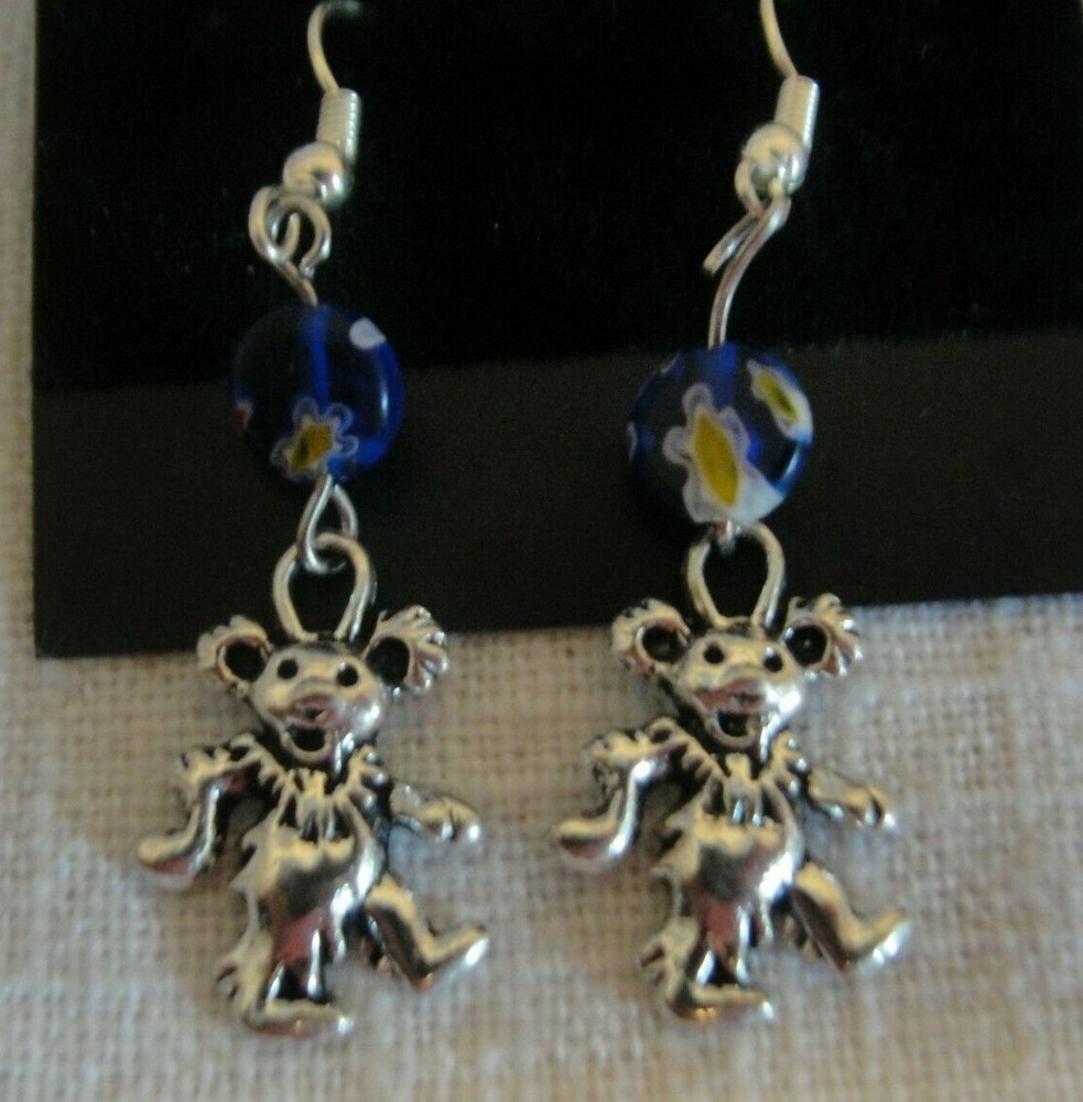 GRATEFUL DEAD DANCING BEARGLASS BEAD EARRING-DARK BLUE