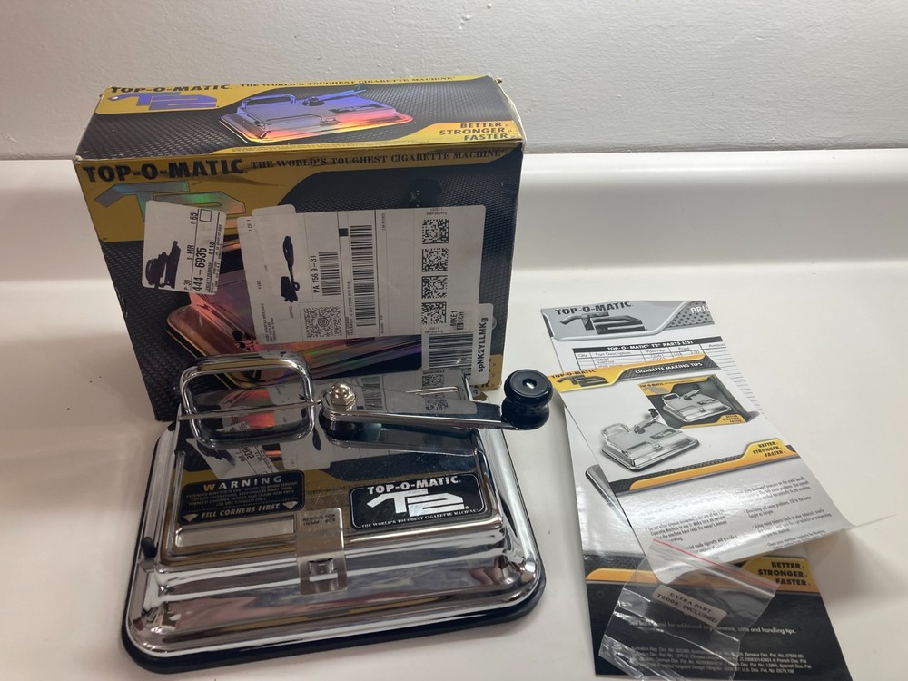 Top-O-Matic T2 Chrome Cigarette Rolling Machine with box and instructions