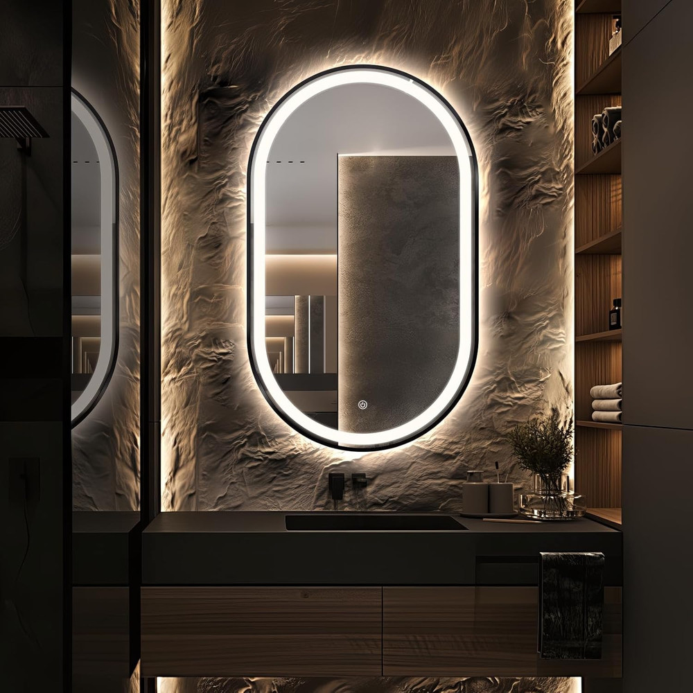 40"X24" Oval LED Bathroom Mirror, Anti-Fog, Dimmable, Black Frame