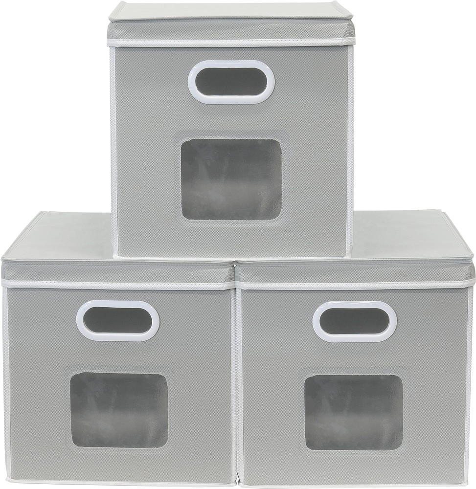 Re 3pack 12inch Clear Window Cube Storage Bin With Lid Grey