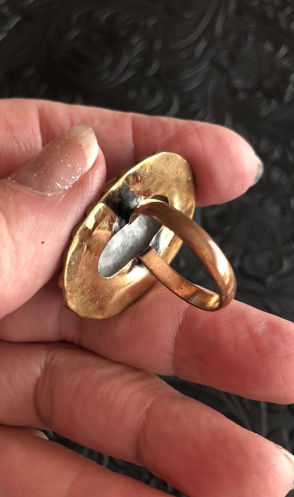 White Iridescent Moonstone Oval Ring Size 8 Artisan Made Copper Ring