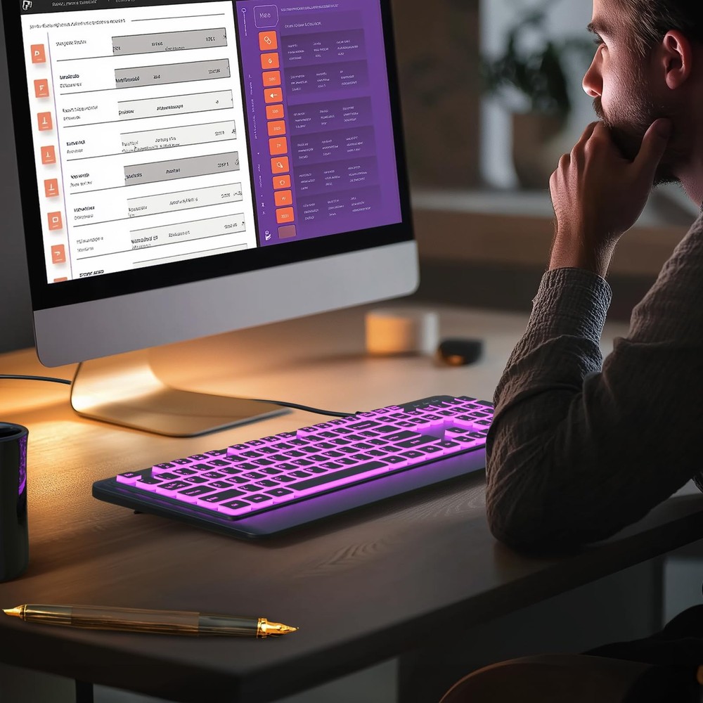 Wired USB LED Keyboard, 7 Colors Backlight, Full Size Quiet, Waterproof, PC