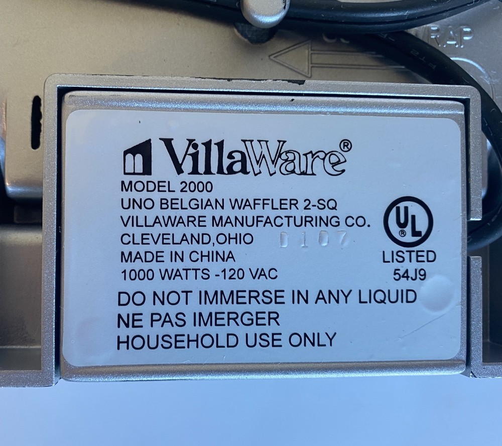 VillaWare Uno Belgian Waffle Maker 2-Sq Model# 2000 Tested Chirps