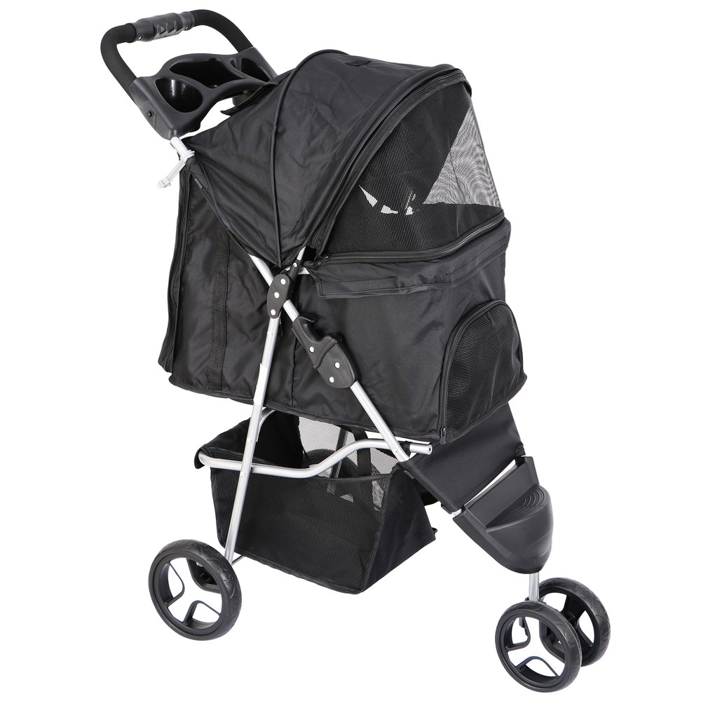 3-Wheel Pet Stroller Foldable Dog Stroller Cart Jogging Stroller w/Cup Holder