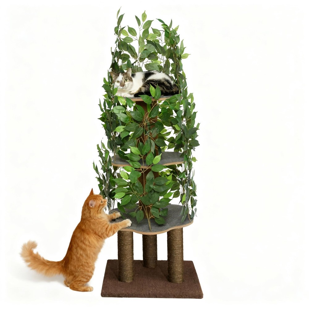 Cat Tree with Leaves – Stable & Space-Saving Design – 4 Scratch Levels & 5 Sc...