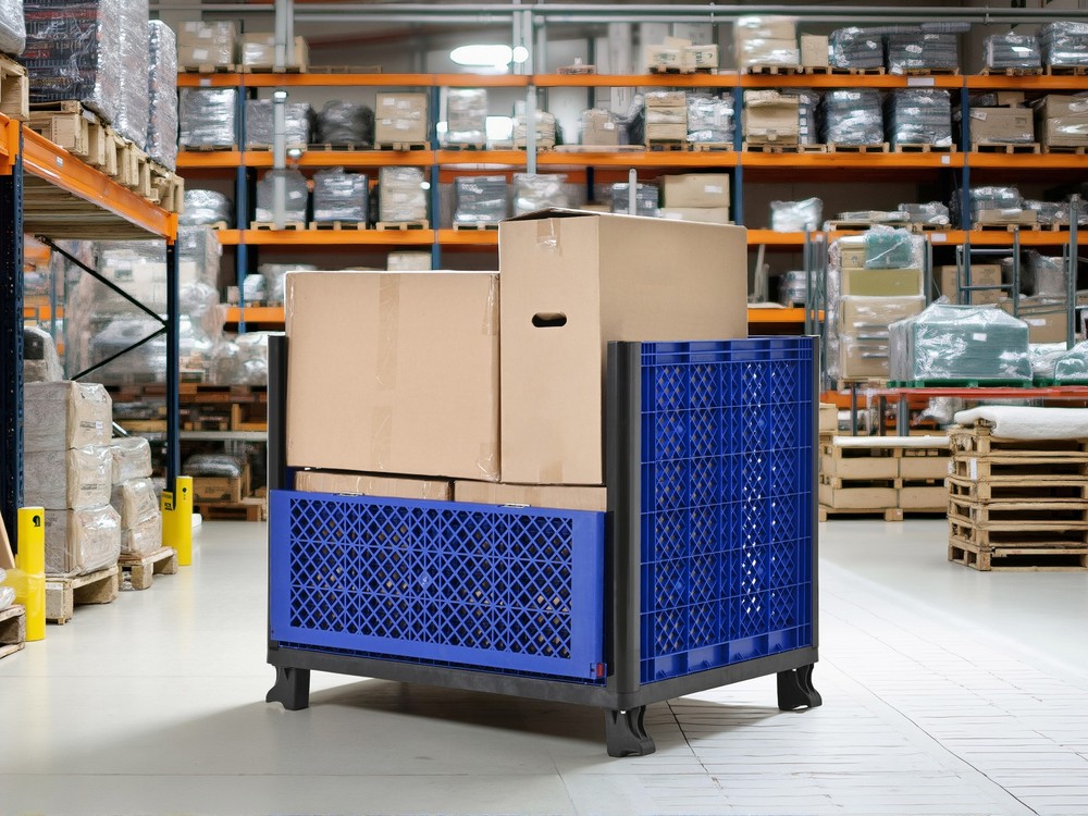 Collapsible Bulk Container Mesh Walls 600lb Capacity Stackable 4 High Blue