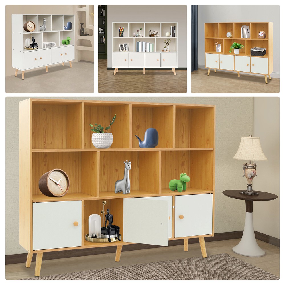 Open Bookshelf with Solid Wood Legs, Standing Open Bookshelf with 11 Compartment