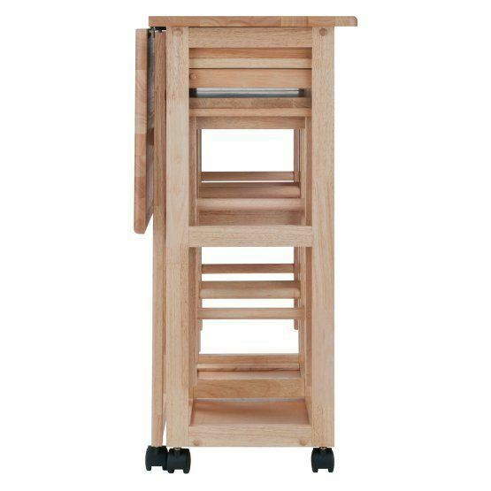 Natural Wooden Kitchen Breakfast Cart Set Dining Table Stools Rolling Island Pub