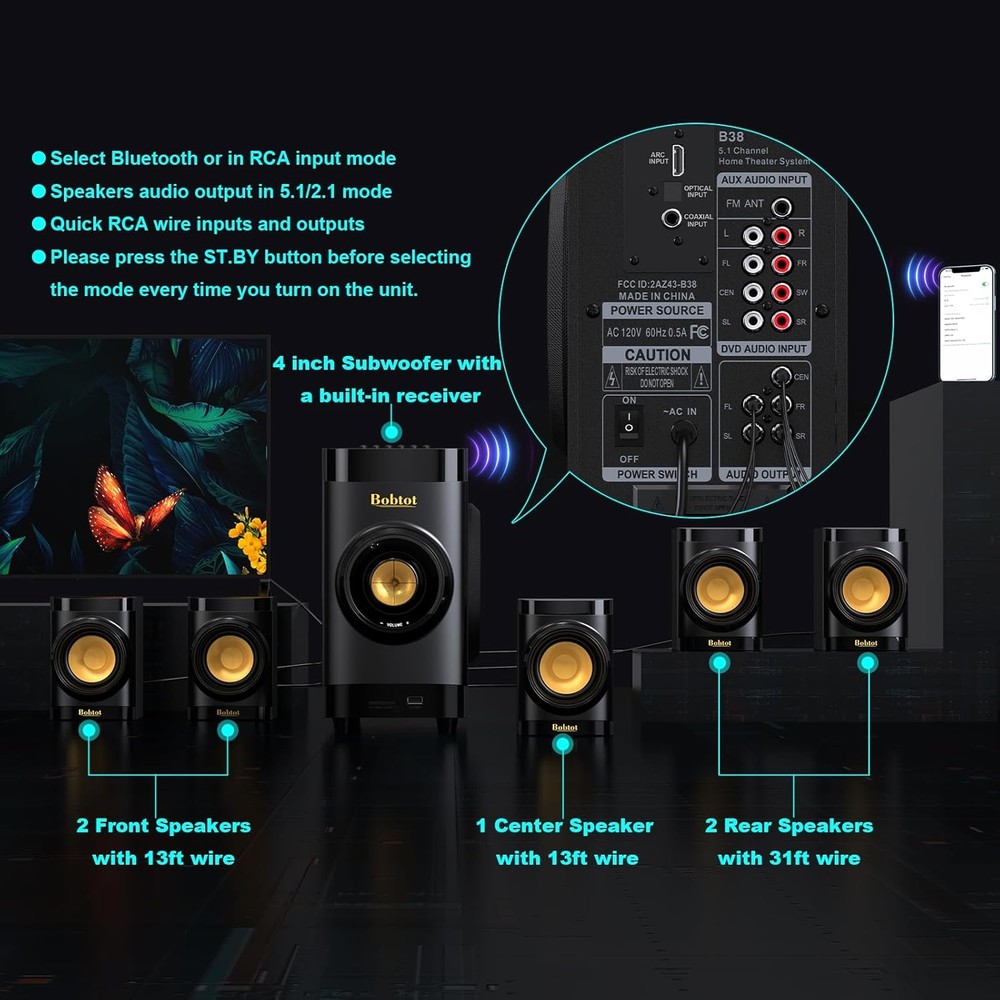 5.1 Home Theater System w/ 4" Subwoofer Bluetooth ARC Optical