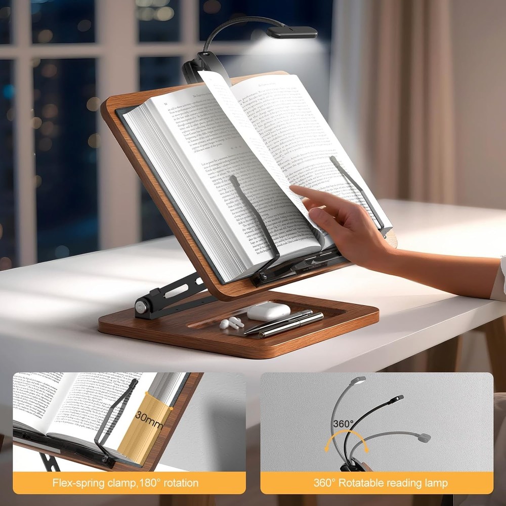Book Stand for Reading with Light, Book Holders for Reading Hands Free, Adjustab